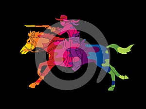 Cowboy riding horse, aiming rifle graphic vector.