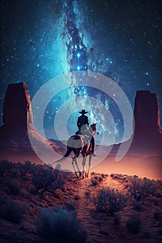 Cowboy riding a horse in the desert with a milky way. Generative AI