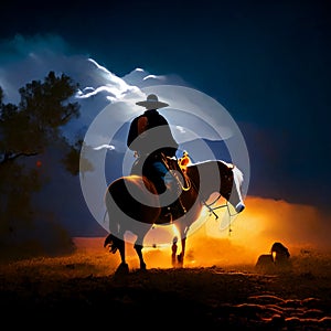 Cowboy riding a horse in the desert at night. 3D rendering generative AI