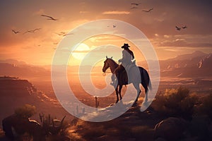 Cowboy riding a horse in the desert at sunset. 3d rendering generative ai