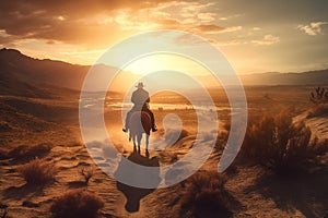 Cowboy riding a horse in the desert at sunset. 3d rendering generative ai