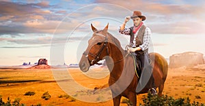 Cowboy riding a horse in desert valley, western