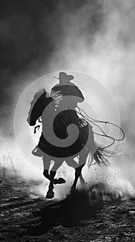 A cowboy riding a horse in the dust of an open field, AI