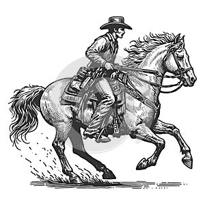 Cowboy Riding Horse engraving raster illustration