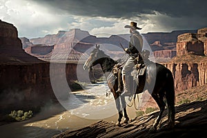 A cowboy riding a horse in the Grand Canyon. Generative AI