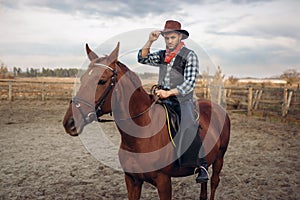 Cowboy riding a horse on a ranch, western