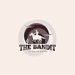 Cowboy Riding Horse Silhouette at Night logo