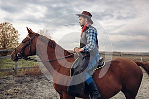 Cowboy riding a horse on texas farm