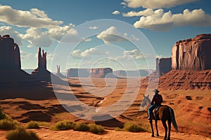 A cowboy riding a horse in the vast landscape of. Generative ai