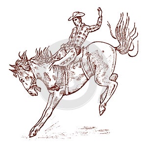 Cowboy riding a horse. Western rodeo icon, Texas Ranger, Sheriff in hat. Wild West, Country style. Vintage Engraved hand