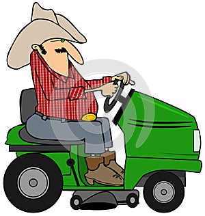 Cowboy on a riding lawnmower