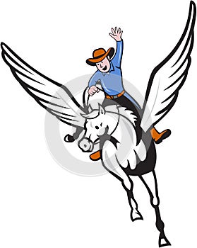 Cowboy Riding Pegasus Flying Horse Cartoon