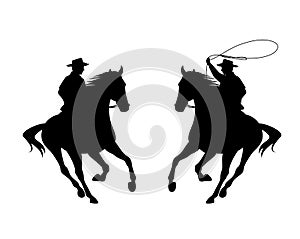 Cowboy riding running horse and throwing lasso black vector silhouette set