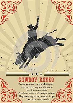 Cowboy riding wild bull.Vector western poster background