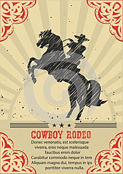 Cowboy riding wild horse .Vector western poster background
