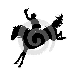 Cowboy riding wild jumping horse during rodeo black vector silhouette