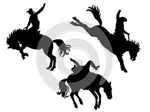 Cowboy rodeo wild horse. Vector rodeo silhouette of cowboy riding wild horses isolated on white for design