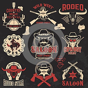 Cowboy rodeo, wild west labels.