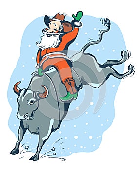 Cowboy Santa on the Rodeo.Western rodeo bull riding color illustration