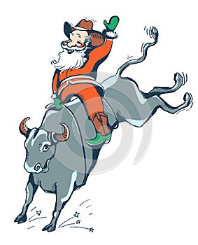 Cowboy Santa on the Rodeo.Western rodeo bull riding color illustration