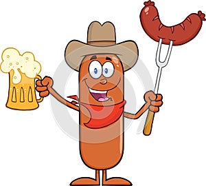 Cowboy Sausage Cartoon Character Holding A Beer And Weenie On A Fork