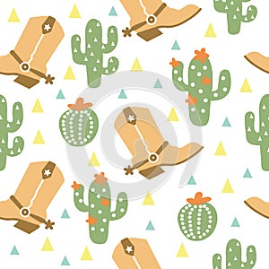 Cowboy Seamless pattern with western decorative elements. Wild West cowboy boots and cactuses. Vector baby style tender color