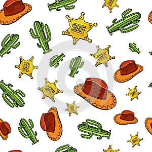 Cowboy seamless pattern. Wild west, rodeo or indians with lasso. hat and gun, sheriff star, boot with horseshoe