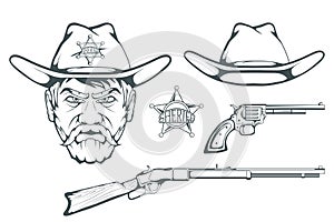 Cowboy Set for design. Hand drawn cowboy hat. Cartoon character man in the wild west. Retro Rifle and revolver. Sheriff`s Badge.