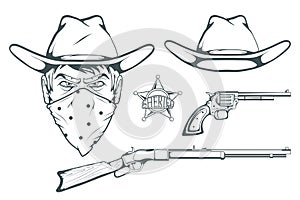 Cowboy Set for design. Hand drawn cowboy hat. Cartoon character man in the wild west. Retro Rifle and revolver. Sheriff`s Badge.