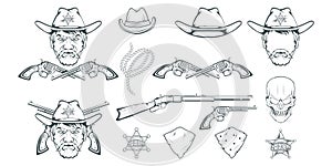 Cowboy Set for design. Hand drawn cowboy hat. Cartoon character man in the wild west. Retro Rifle and revolver. Sheriff`s Badge.