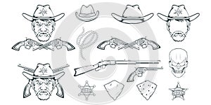 Cowboy Set for design. Hand drawn cowboy hat. Cartoon character man in the wild west. Retro Rifle and revolver. Sheriff`s Badge. photo
