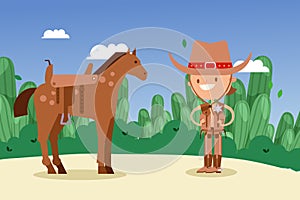 Cowboy sheriff cartoon character with horse, wild west people, vector illustration