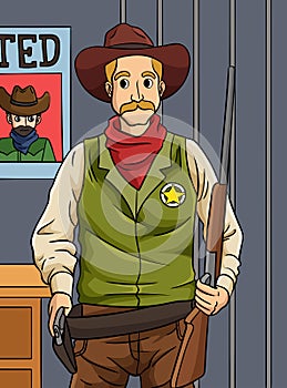 Cowboy Sheriff Colored Cartoon Illustration