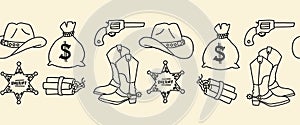 Cowboy Sheriff Wild West seamless vector border. Cowboy boots hat, money, dynamite, sheriff streng horizontal repeating pattern.