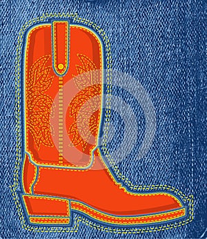 Cowboy shoe on blue jeans background.Vector boot s