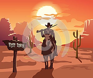 Cowboy silhouette with a gun on the horse old town western style illustration sunset desert landscape background