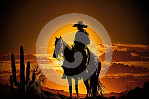 Cowboy silhouette on a horse at sunset, generative AI