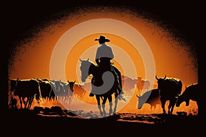 Cowboy silhouette on a horse at sunset leading a herd of cows, generative AI