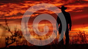 A cowboy silhouette perfectly silhouetted against the fiery sky as the sun begins to rise