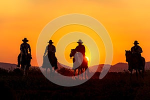 Cowboy silhouette riding a horse.