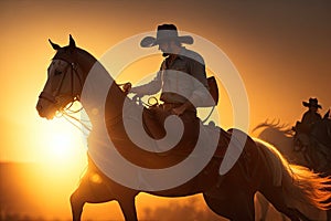 A cowboy silhouette riding on a mountain with an yellow sky ai generative