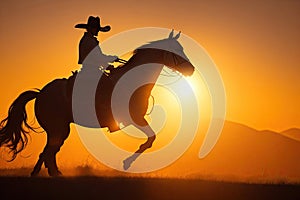 A cowboy silhouette riding on a mountain with an yellow sky ai generative