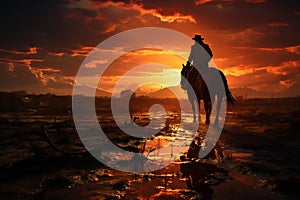 Cowboy silhouette, riding the plains, sunsets blue