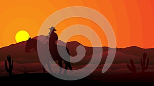 Cowboy sillhouette sunset in the dessert sand vector illustration