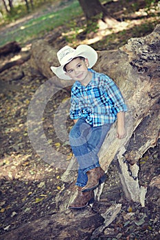 Cowboy Sitting on Tree Trunk