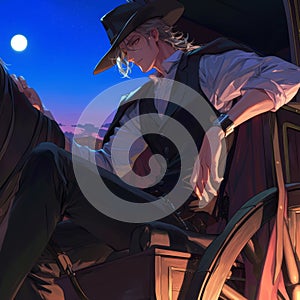 A cowboy sitting on a wagon and looking at the night sky. photo