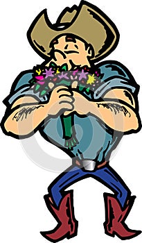 Cowboy smelling flowers