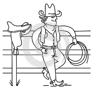 Cowboy standing on fence. Vector farm rodeo hand drawn illustration with horse saddle