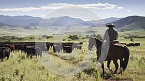 Cowboy and Steed in Unison with Angus Herd. Generative AI