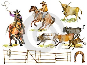 Cowboy Stockman mustering cattle. Catching wild cattle on the South American pampas watercolor illustration set